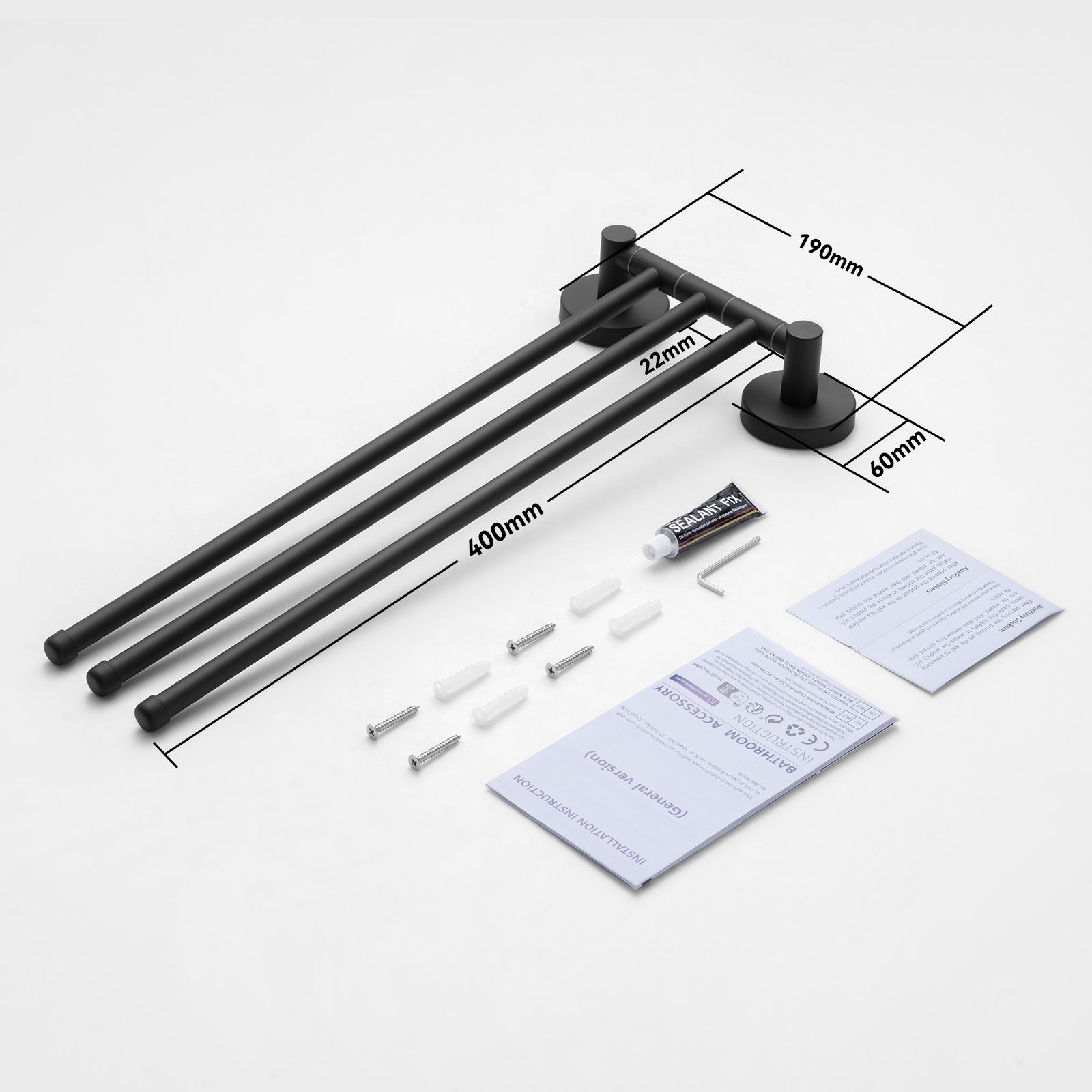 Auralum max Porte-serviettes pivotant à 3 bras,acier inoxydable pour salle bain,porte-serviettes mural peu encombrant,rotation à 180°(Noir) - 5