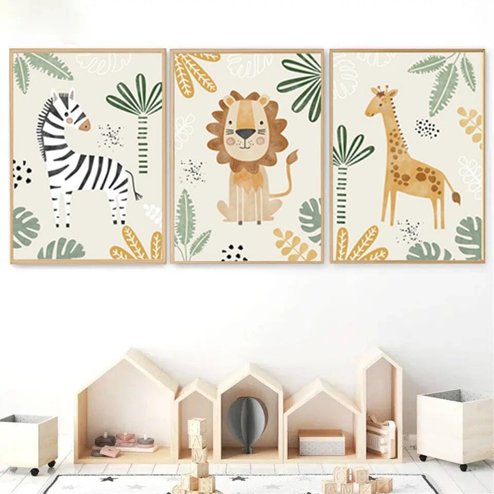 3 Affiches Animaux Jungle Lion Girafe Zebre Tableau Savane Bebe Deco Chambre Bebe Vert Beige Poster 30x40 sans Cadre - 3