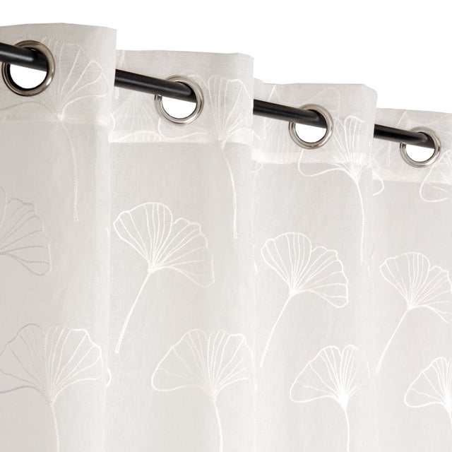Rideau voilage étamine brodé feuille de Gingko, Blanc, prêt à poser.