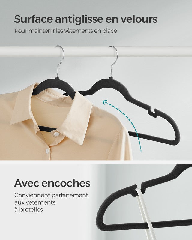 Cintres en Velours, Lot de 50, Antiglisse, avec Encoches, Barre pour Pantalons, Crochet Pivotant à 360°, Noir Classique - 3