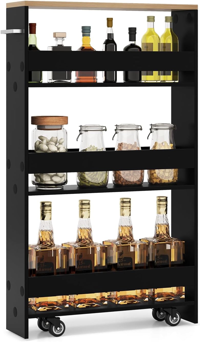 4-poziomowy Wózek Kuchenny z 4 Kółkami, Półka Kuchenna z Uchwytem Bocznym, Czarny