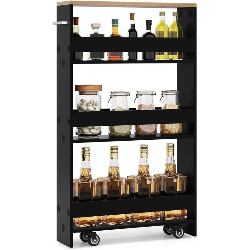 4-poziomowy Wózek Kuchenny z 4 Kółkami, Półka Kuchenna z Uchwytem Bocznym, Czarny