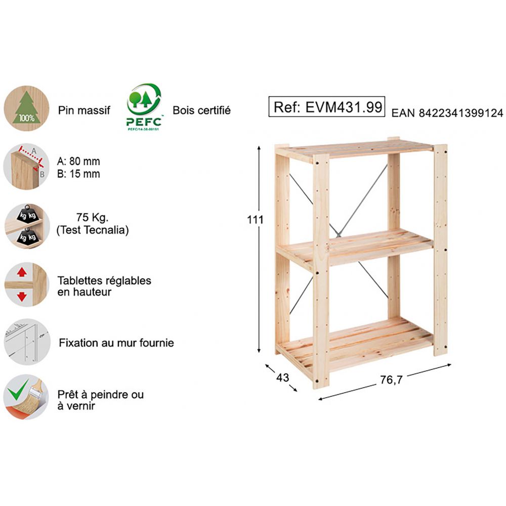 Estante 3 prateleiras evolution 111x76,7x43cm pinho maciço astigarraga - 7