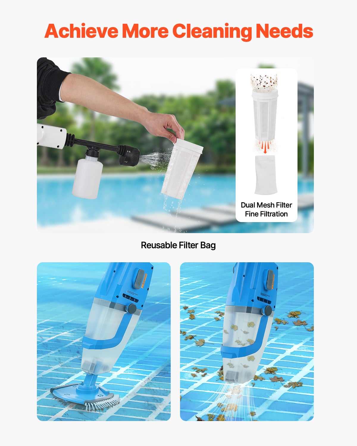 Aspirateur Piscine 100 L/min,VEVOR Nettoyeur Manuel Sans Fil,Rallonges,Aspiration Puissante,Rechargeable,1 Heure d'Autonomie,pour Piscines - 4