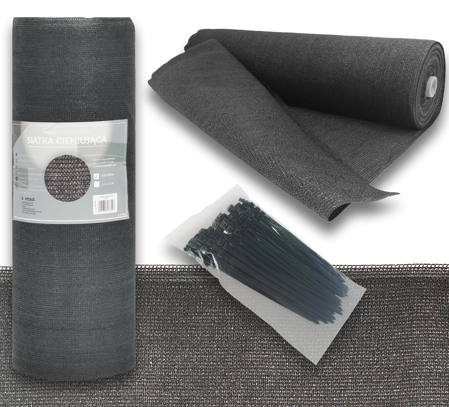 Siatka cieniująca mata osłona płot ogrodzenie 1,5x50 m 90% 135 g + opaski UV szara