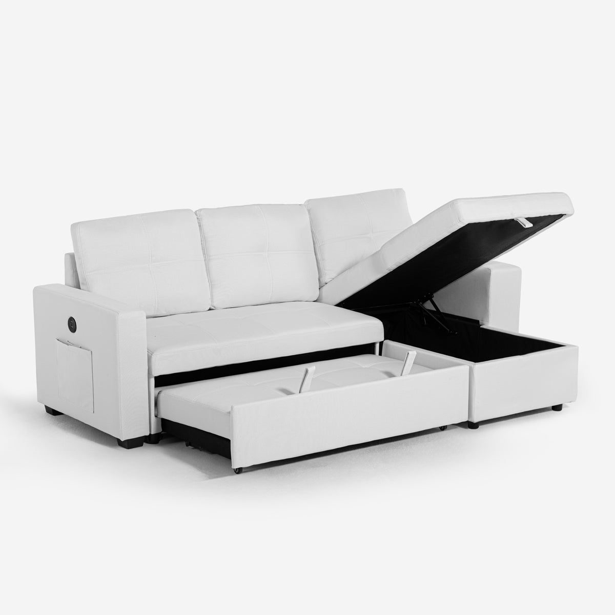 Divano letto 3 posti con penisola contenitore USB-C libreria Civis - Bianco - 5