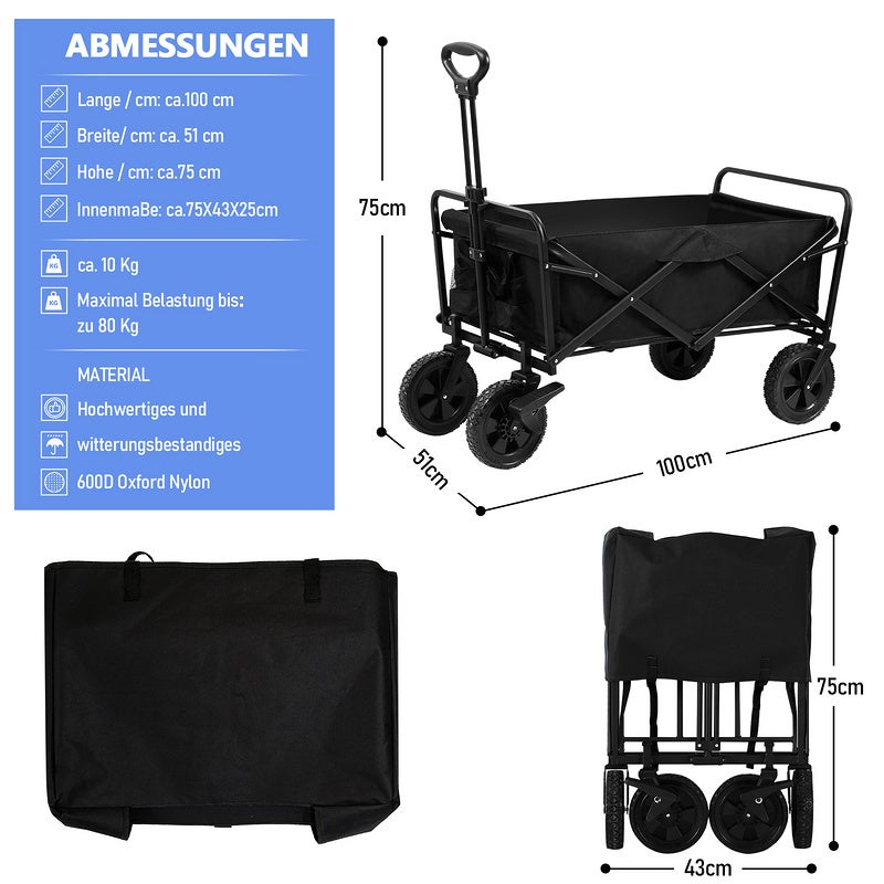 Overmont Carrello Da Giardino Pieghevole Con Ruote - Carrello Da Spiaggia Per Tutti I Terreni - Capacità Carico 150kg 150L Per Festival Campeggio Picnic Sport Shopping Blu