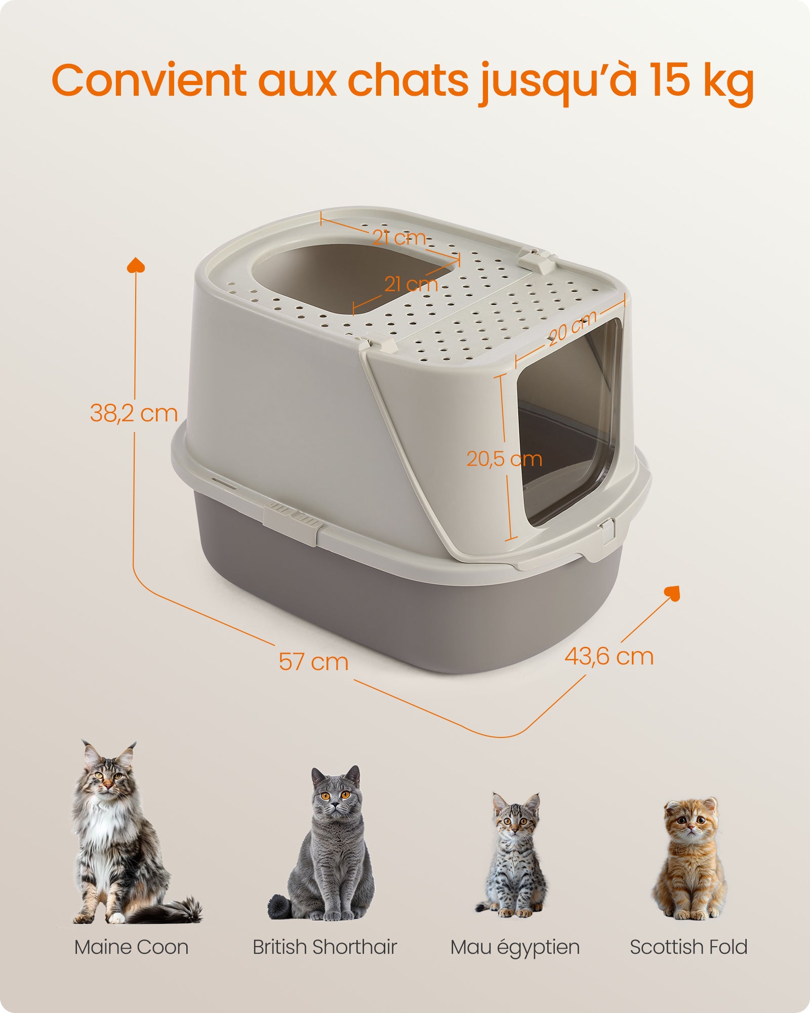 Grand Bac à Litière pour Chat, Taille XXL, Litière pour Chat avec Couvercle Basculant, avec Pelle et Brosse, pour Chats Jusqu’à 15 kg, Avoine et Gris - 5