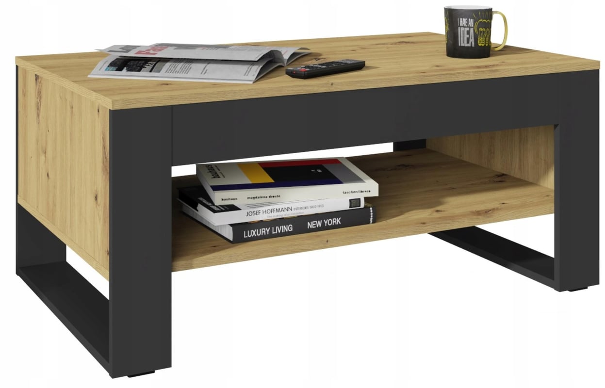 Ława FLOW dąb wotan-czarny z pojemną półką stolik kawowy 100cm loft retro