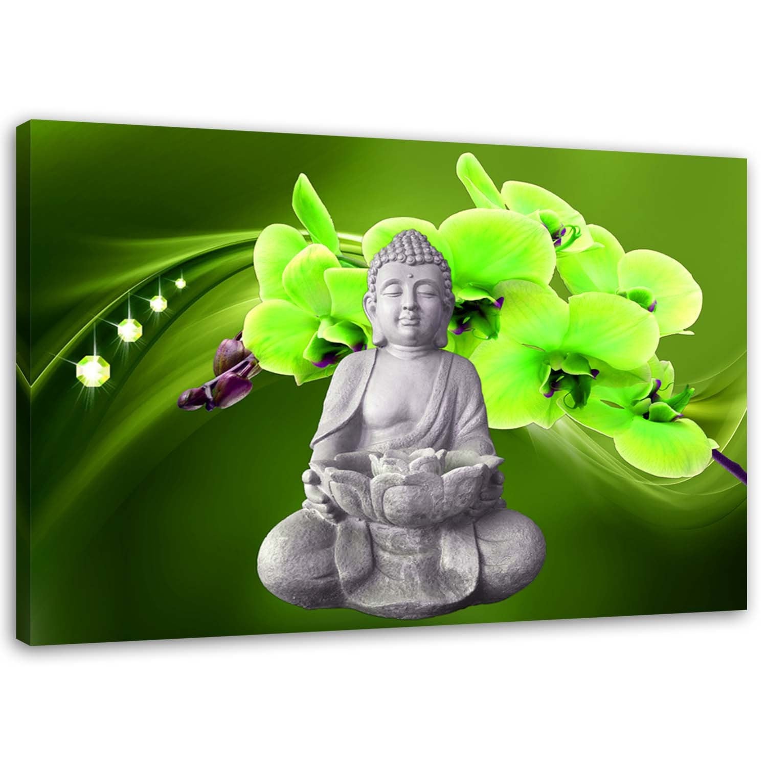 Obraz na płótnie, Budda z zieloną orchideą 100x70