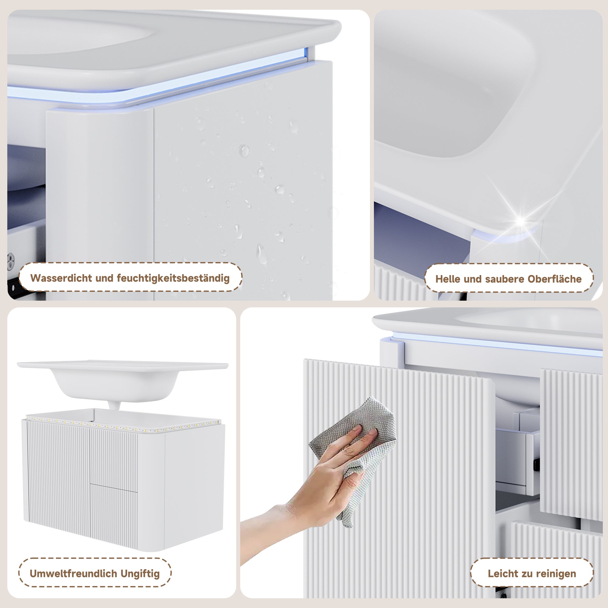 Meuble de salle de bain mural - Vasque simple en céramique et 4 tiroirs - 80,5 x 47,5 x 51 cm - MDF - LEDs - Laqué blanc - 9