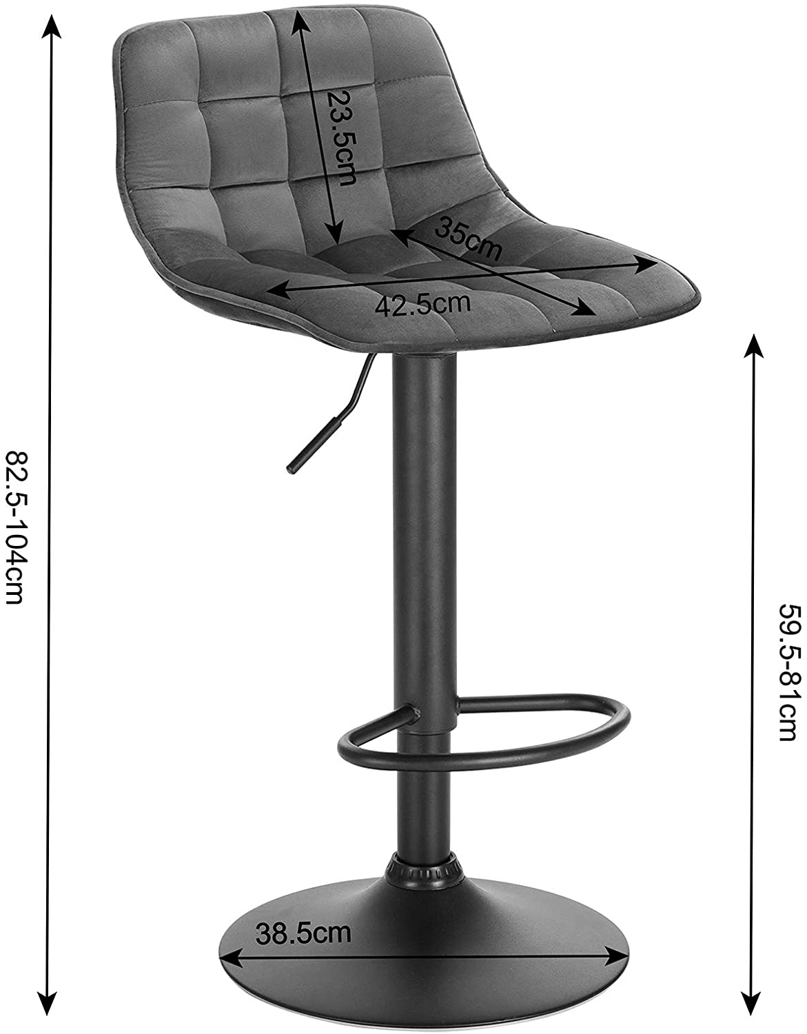 WOLTU 1 X Tabouret de Bar en velours et métal. Chaise de comptoir réglable en Hauteur et Rotatif. Gris Foncé - 3