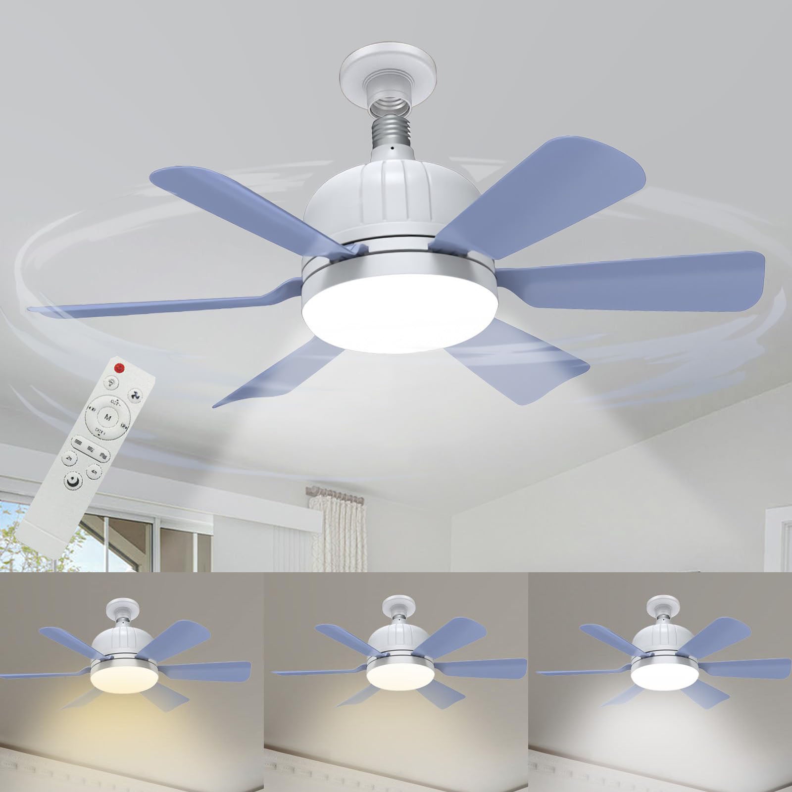Wentylator sufitowy 46 cm z pilotem, interfejs E27, 3 prędkości, 3 kolory, możliwość ściemniania, idealny do salonu, fioletowy