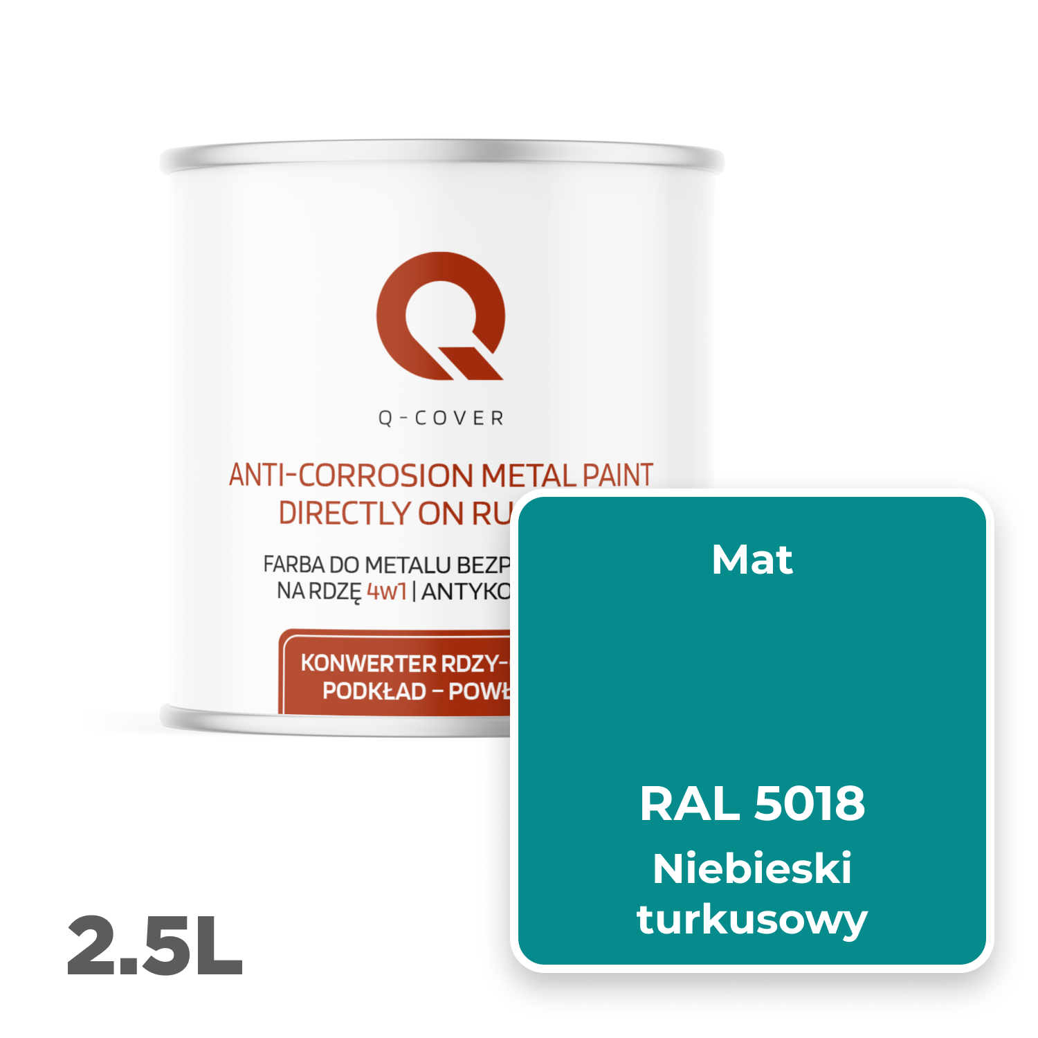 Farba do Metalu Prosto na Rdzę 4w1 Q-Cover Niebieski turkusowy RAL5018 Mat 2.5L - 2