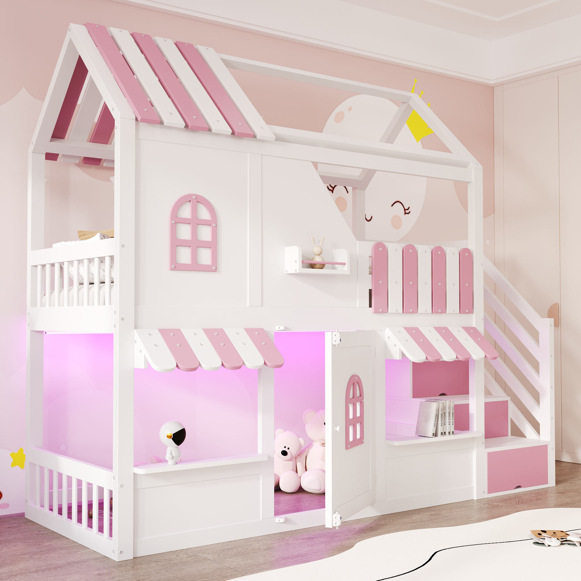 Lit superposé 90 x 200 cm avec fenêtres, toit, auvent, rambarde et porte - Pin + contreplaqué + MDF - LEDs - Rose + blanc (Sans matelas) - 4
