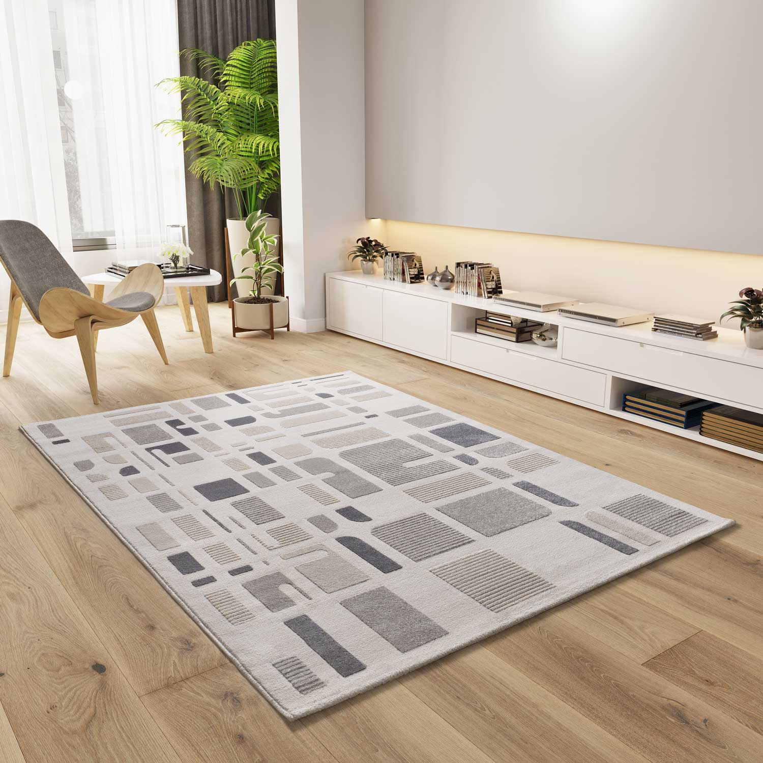 Prostokątny srebrny dywan wewnętrzny 200 x 290 cm FLORA z geometrycznym tłoczeniem - ATTICGO