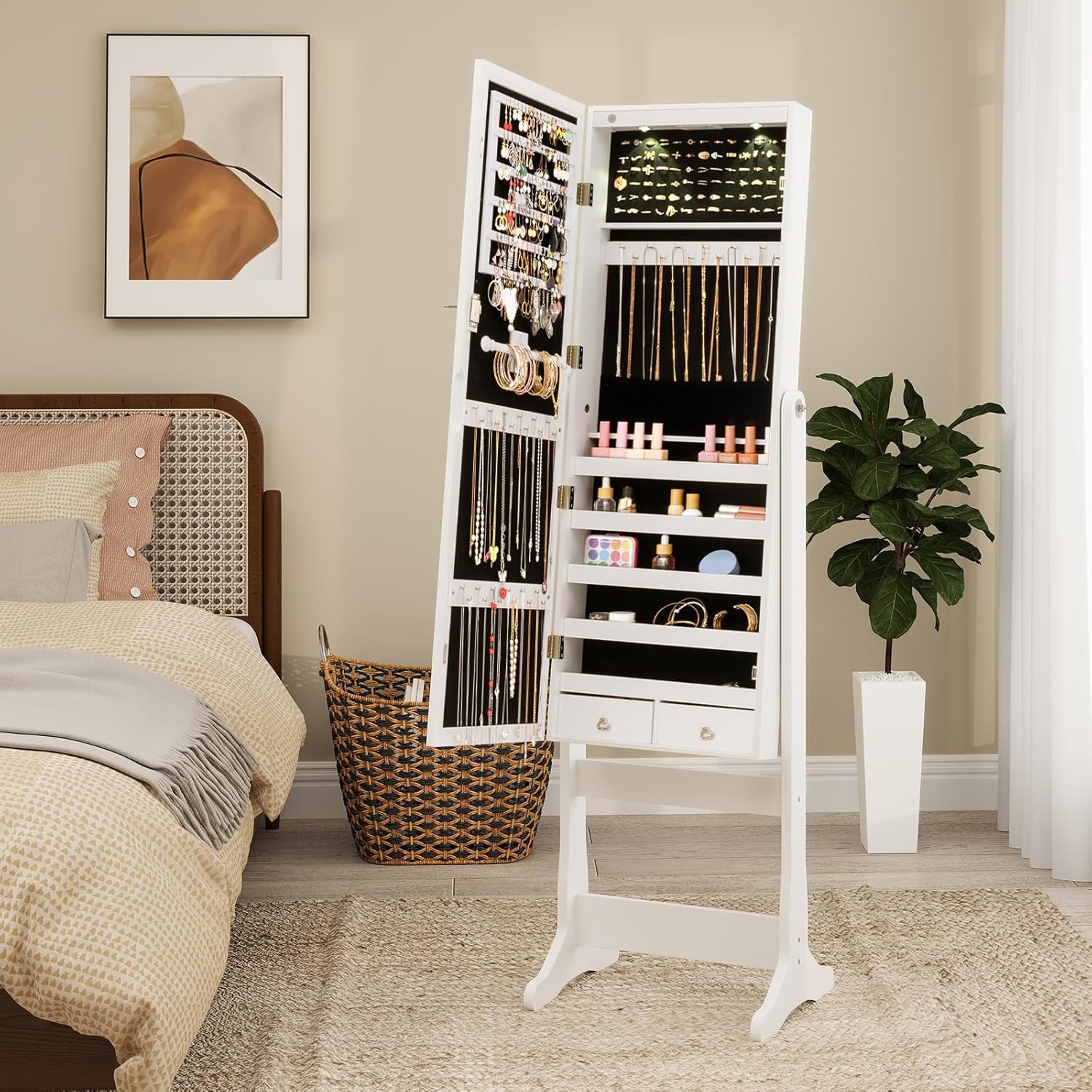 Armoire à Bijoux, Organisateur de Bijoux Debout avec Miroir Pleine Longueur, 4 Angles Inclinables Réglables, 5 Étagères et 2 Tiroirs (Blanc) - 9