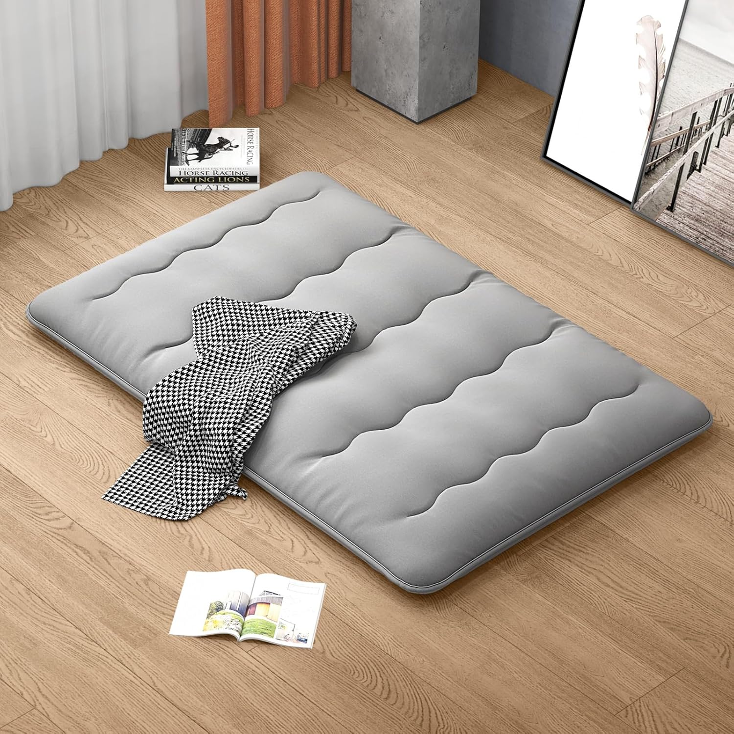 Matelas Futon Japonais 2 Personne 140x200CM, Lit de Couchage Enroulable de Sol Pliable et Portable, Sac de Transport pour Camping, Voyages, Gris - 2