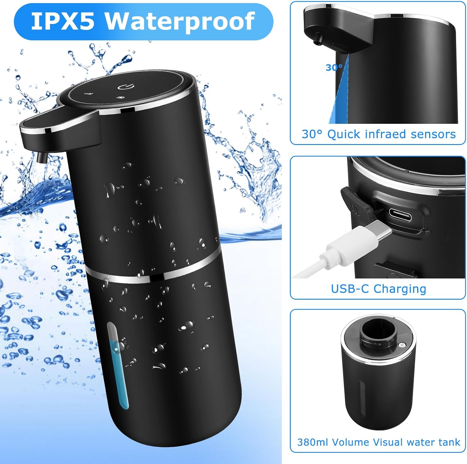 Lot de 2 distributeurs automatiques de savon liquide sans contact, rechargeables par USB, 380 ml, pour salle de bain, cuisine, vaisselle,noir - 3