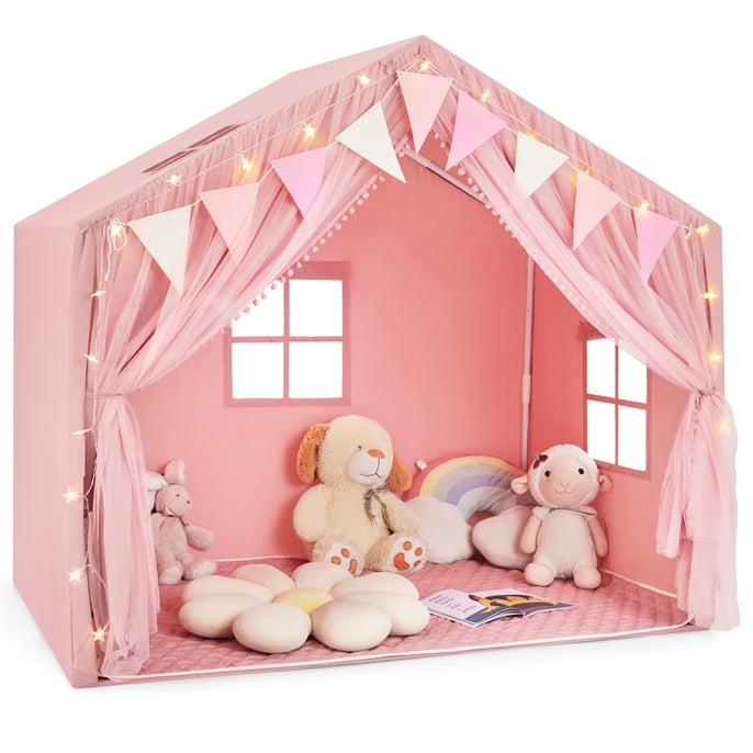 Tipi Enfant FREOSEN Avec Guirlande Lumineuse - 120x120x160cm - Coton Et Bois - Blanc