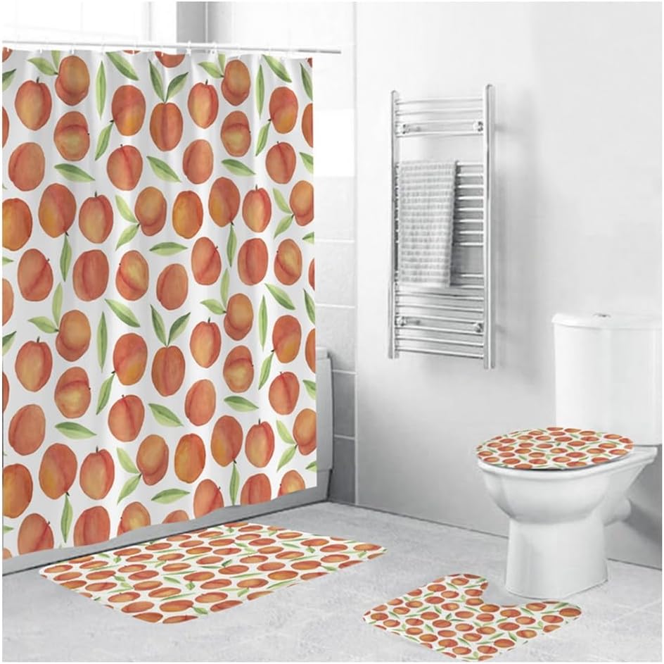 Ensemble de 4 tapis de salle de bain avec rideau de douche imprimé abstrait rustique orange et marron avec rideau de douche et tapis, peinture rouille vintage abstraite désordonnée