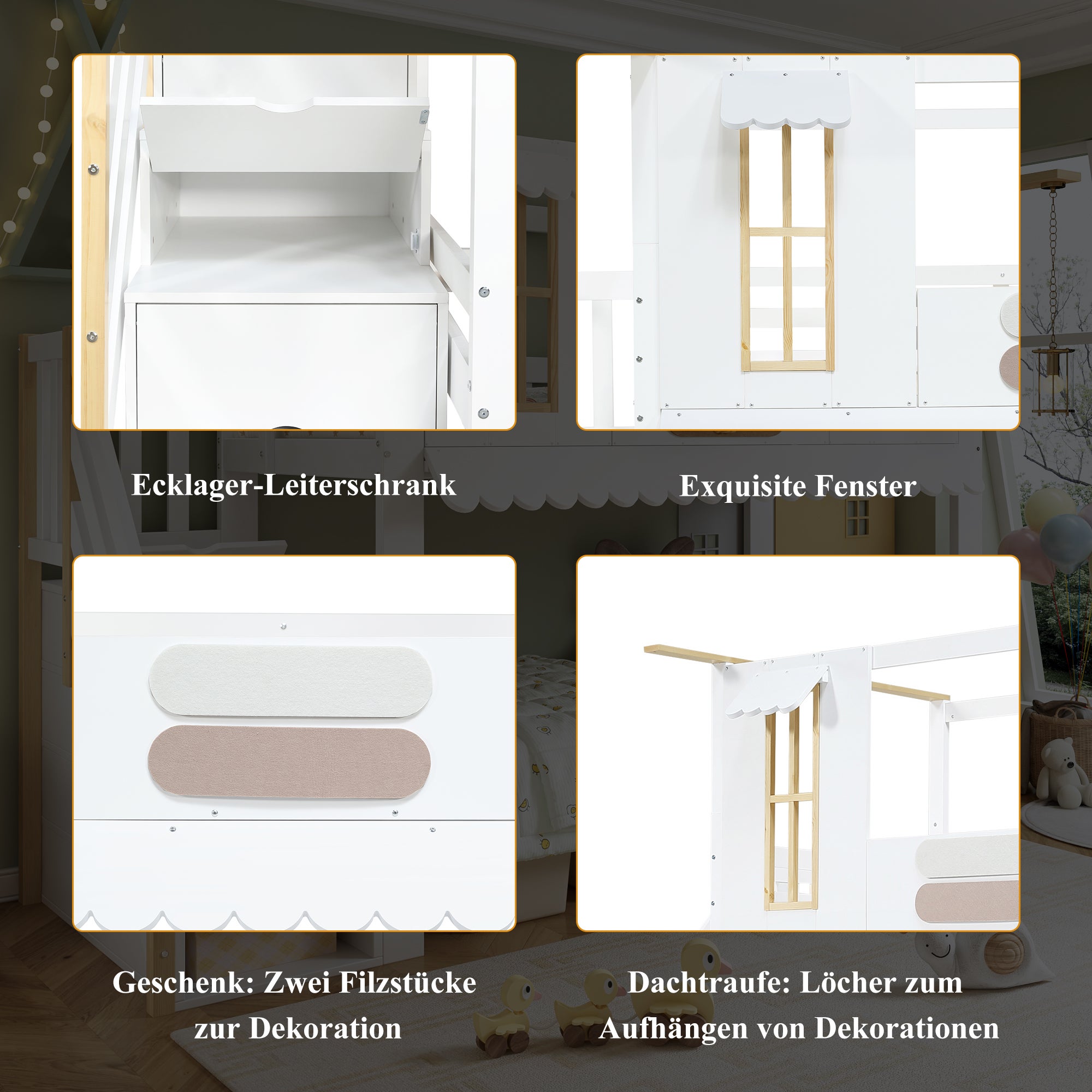 Łóżka piętrowe 2 x 90 x 200 cm z 4 drzwiami i 2 oknami - Sosna + MDF + sklejka - Białe i naturalne (Materace nie są wliczone w cenę) - 6