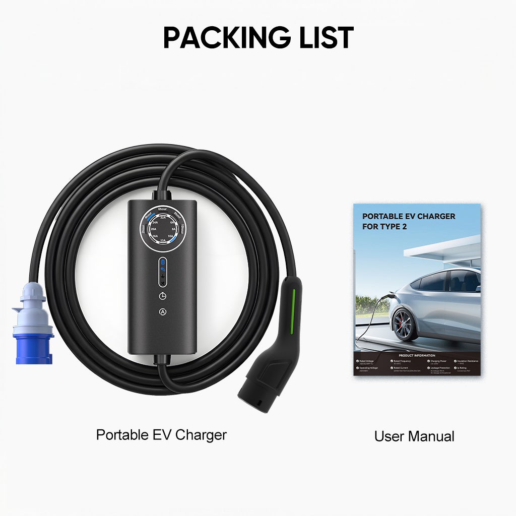 Carregador portátil para veículos elétricos JUNSUN 7kW – 32A monofásico, cabo 8m Tipo 2, IP67, corrente ajustável 6-32A, carregamento programável - 9