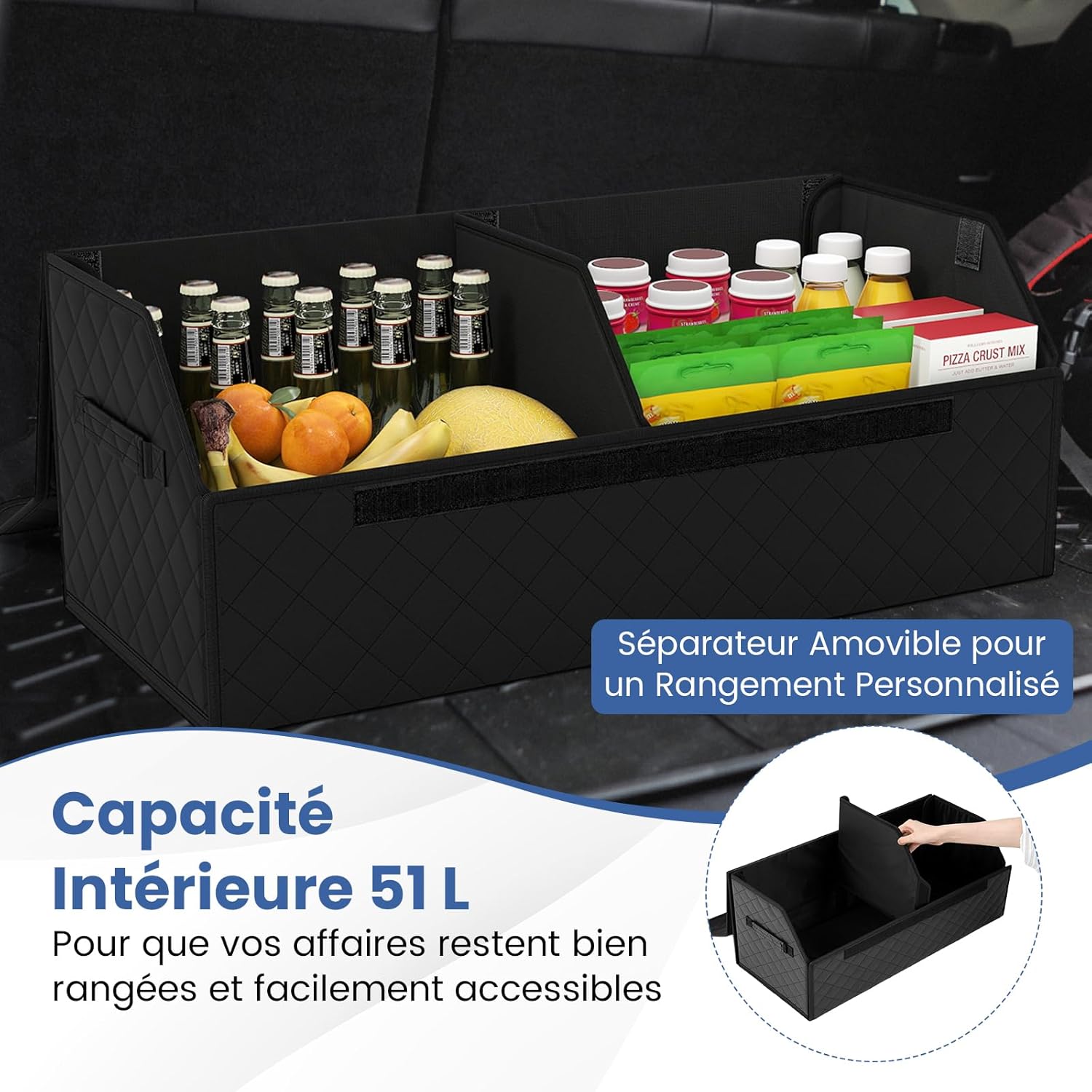 51 L Rangement Coffre de Voiture avec Couvercle, Séparateur Amovible, Organiseur de Coffre de Voiture Pliable en Cuir avec Poignées,Camping et Maison - 2