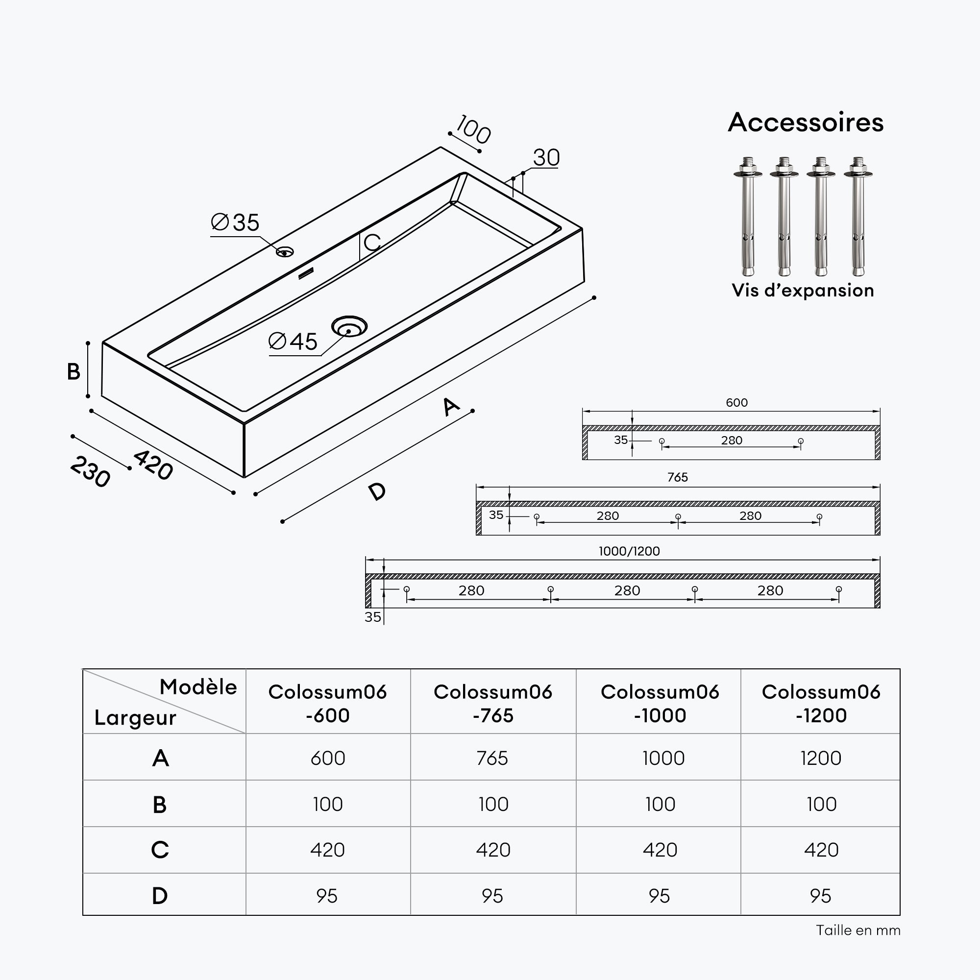 Mai & Mai Lavabo Suspendu Blanc Vasque à Poser 60cm Lave Mains Rectangulaire avec Trop Plein Col06 60x42x10cm - 7