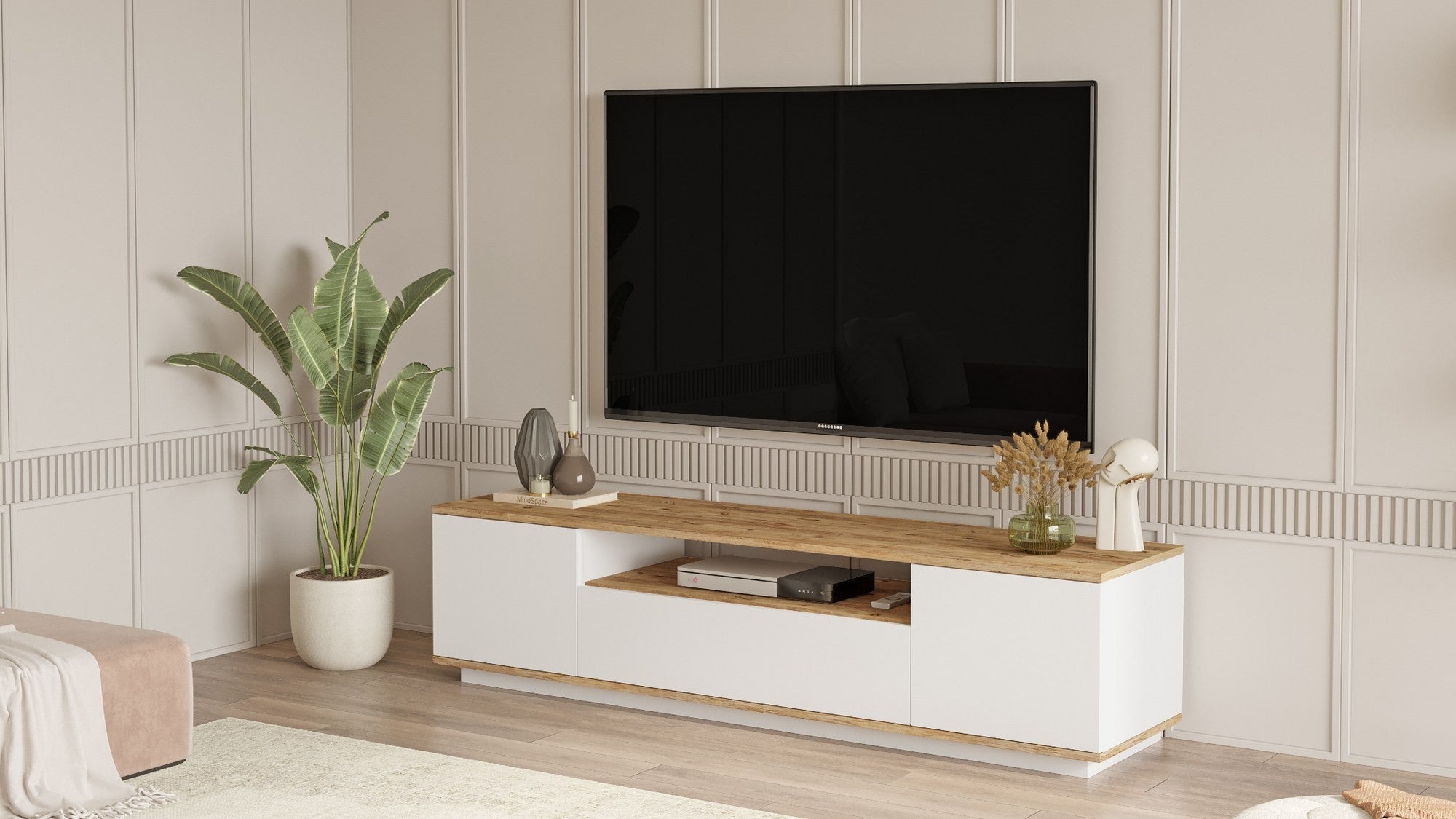 Meuble TV 3 portes basculantes L180cm Dani Bois Naturel et Blanc - 8