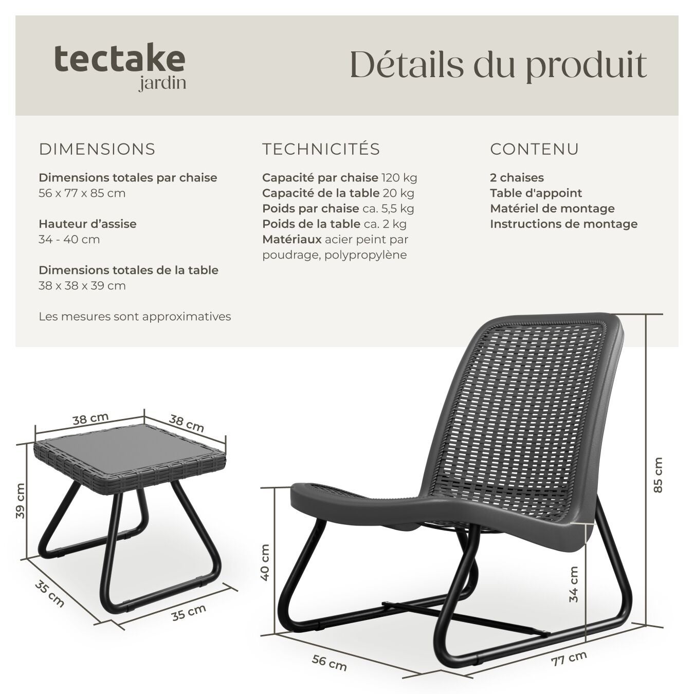 TECTAKE Conjunto de muebles de jardín para 2 personas, con aspecto de ratán - 6