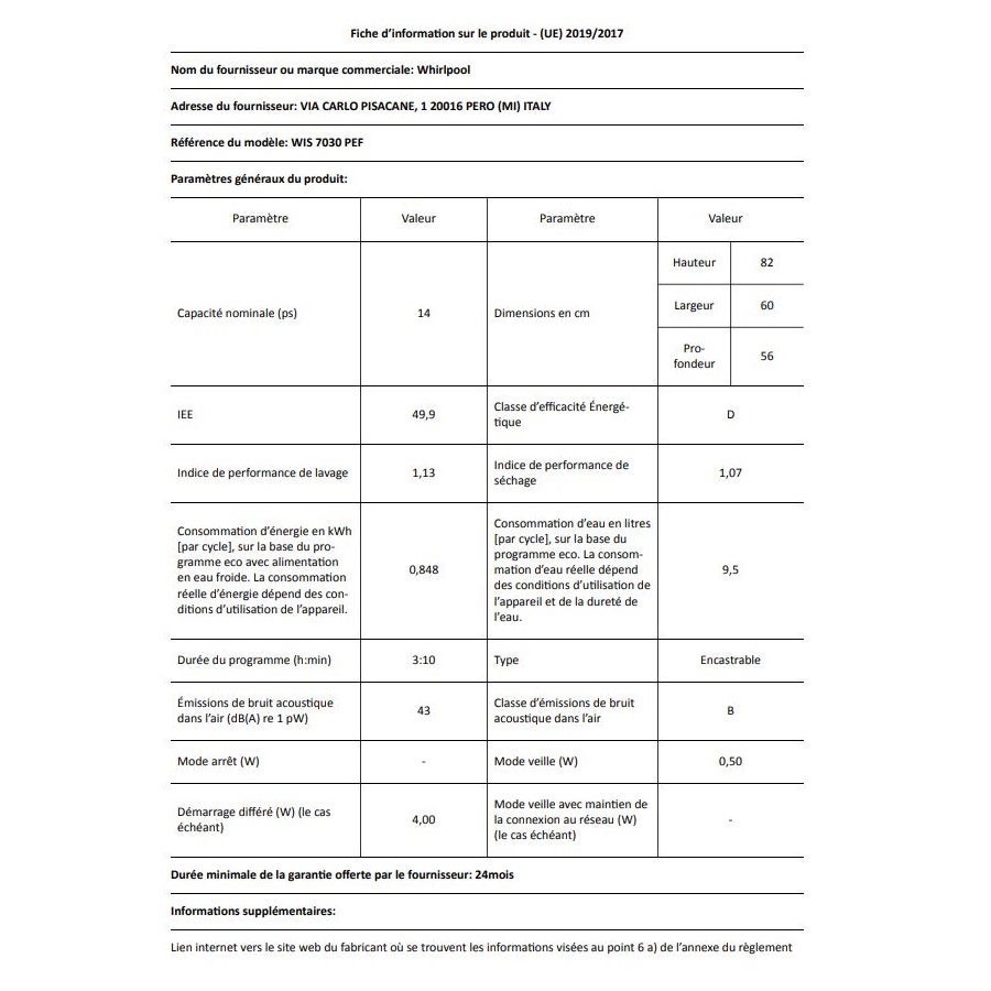 Lave-vaisselle encastrable WHIRLPOOL INTEGRABLE 14 Couverts 59.8cm D, WIS7030PEF - 5