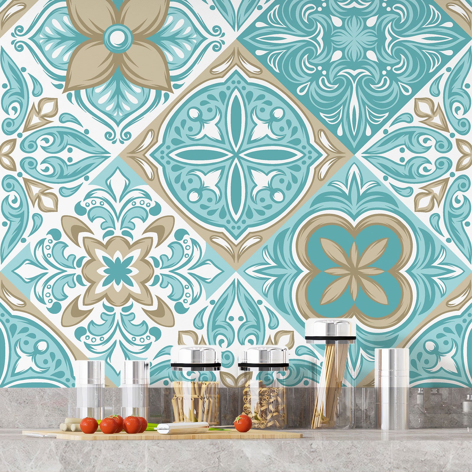 Crédence adhésive sticker décoratif pour cuisine - Effet carreaux de ciment - Adhésif + Protection BRILLANTE - 60x60 cm - 4