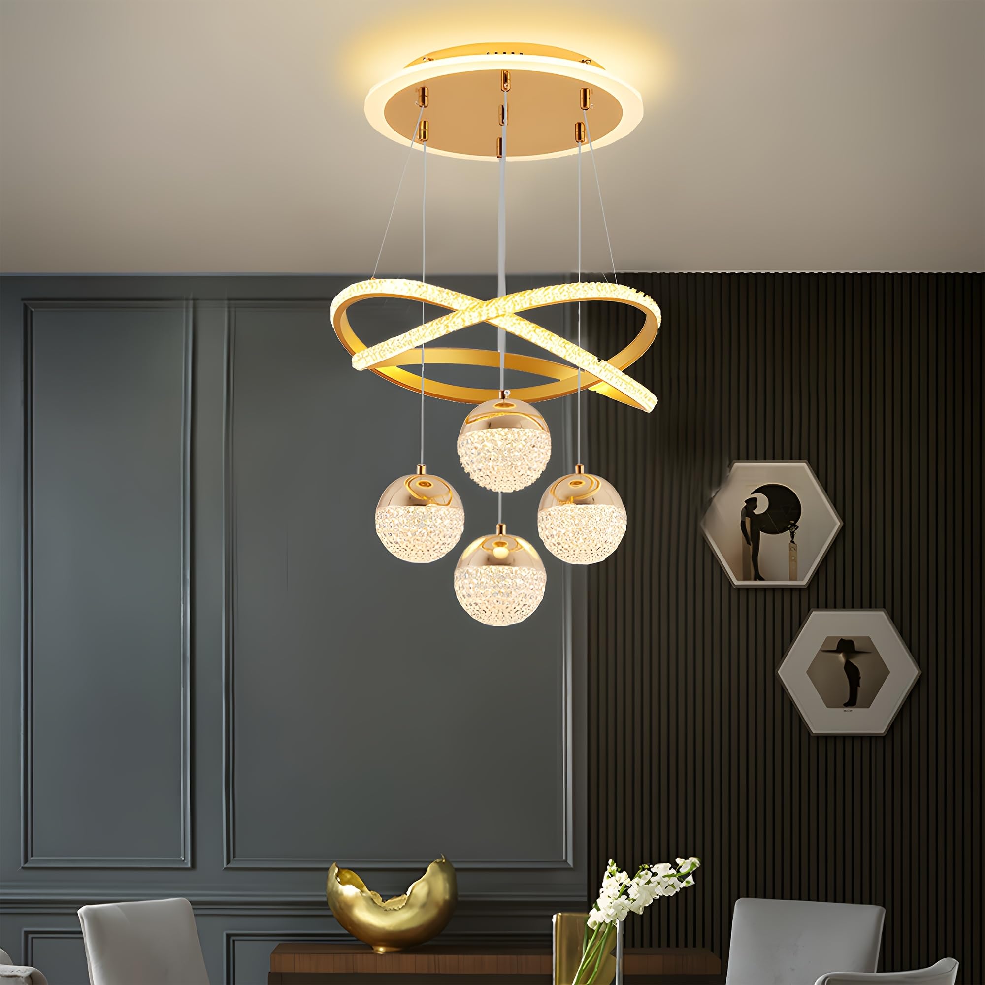 LEDANDER Lustre LED moderne, plafonnier, lampe LED, variateur tricolore, design doré à quatre sphères, convient pour la salle à manger et la chambre - 8