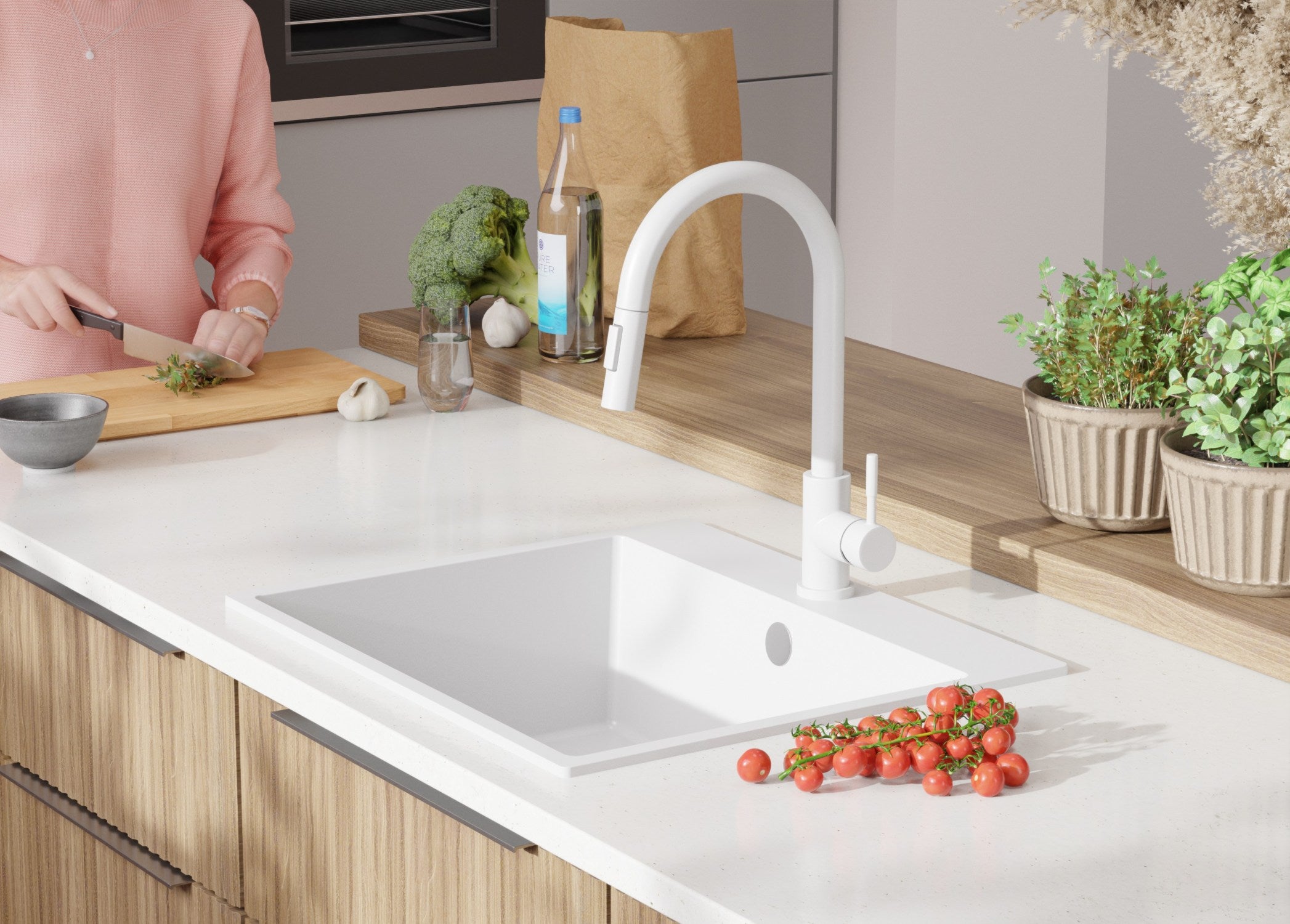 Lava-louça de pousar Branco 58x50cm, Pia de Cozinha 1 cuba + Kit de drenagem, Pia em Granito em armários de 60cm - Ryga PRIMAGRAN - 9