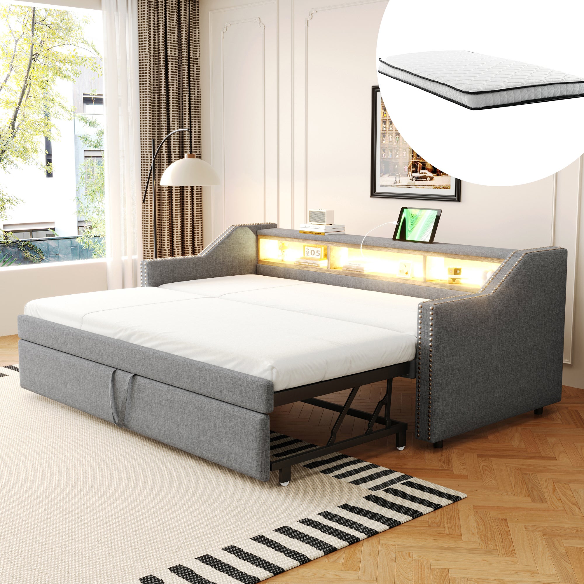 Łóżko wysuwane 90/180 x 190 cm z 3 przegrodami - LED + porty USB - Tkanina lniana - Jasnoszary (z 2 materacami sprężynowymi)