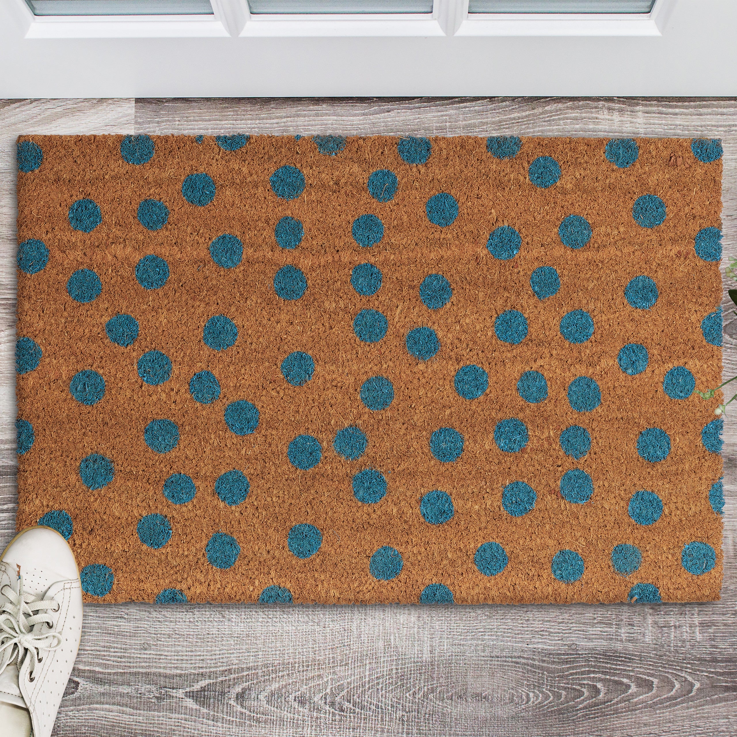 Paillasson Points en fibres de coco, HxlxP: 1,5 x 60 x 40 cm, antidérapant, caoutchouc, nature-bleu, Relaxdays - 3