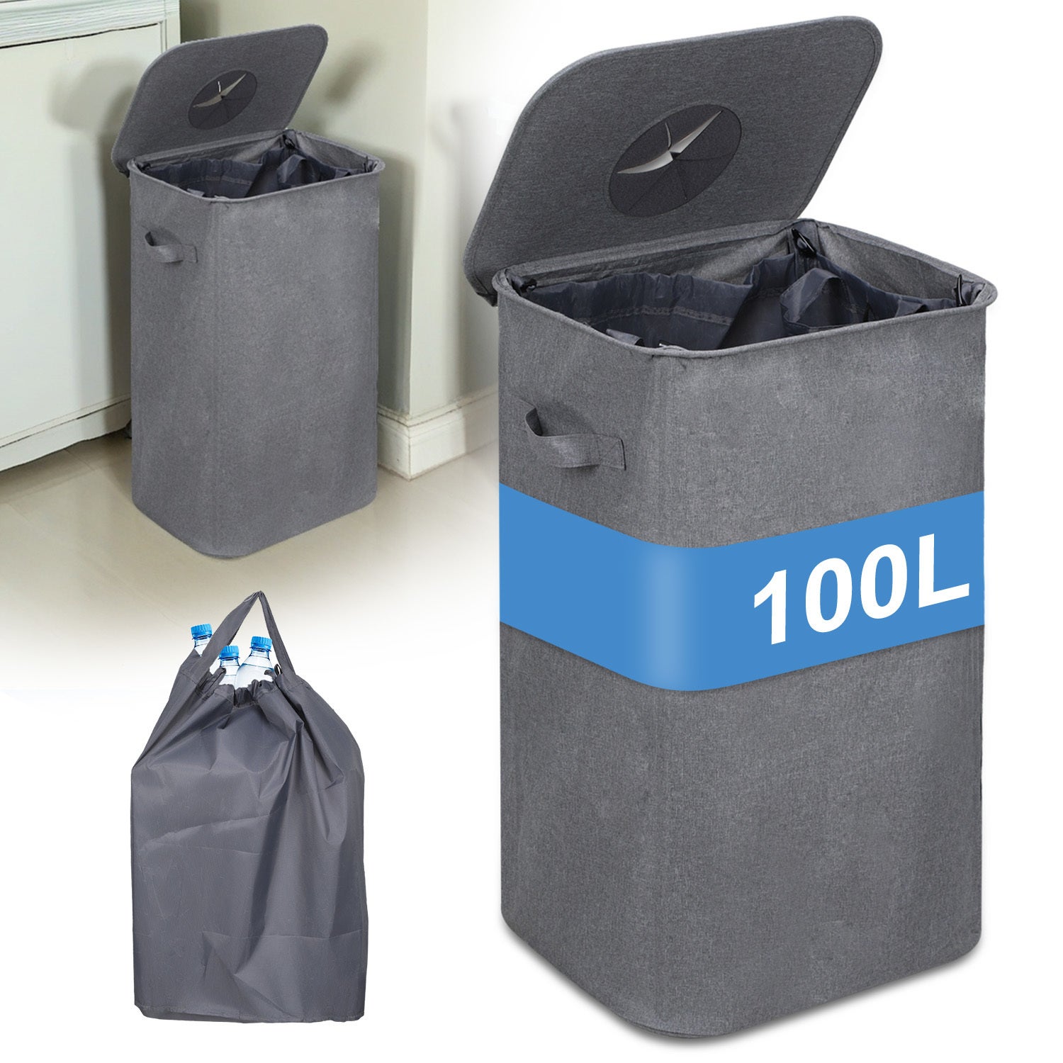 Kosz kuchenny do recyklingu 100 l z pokrywą, kosz z 2 szarymi torbami transportowymi