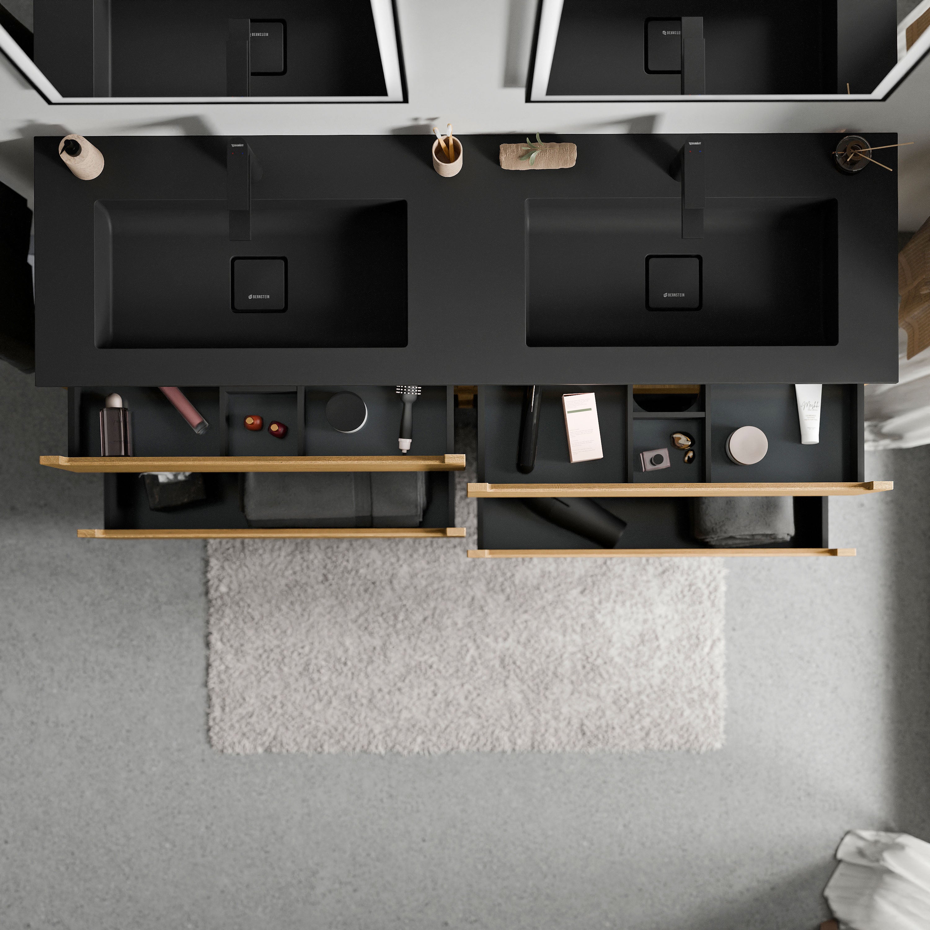 BERNSTEIN - Meuble double vasque suspendu MDF Chêne miel, lavabos fonte Noir mat + trous robinet, tiroirs pivotants - 160x46x62cm - VIREO - 3