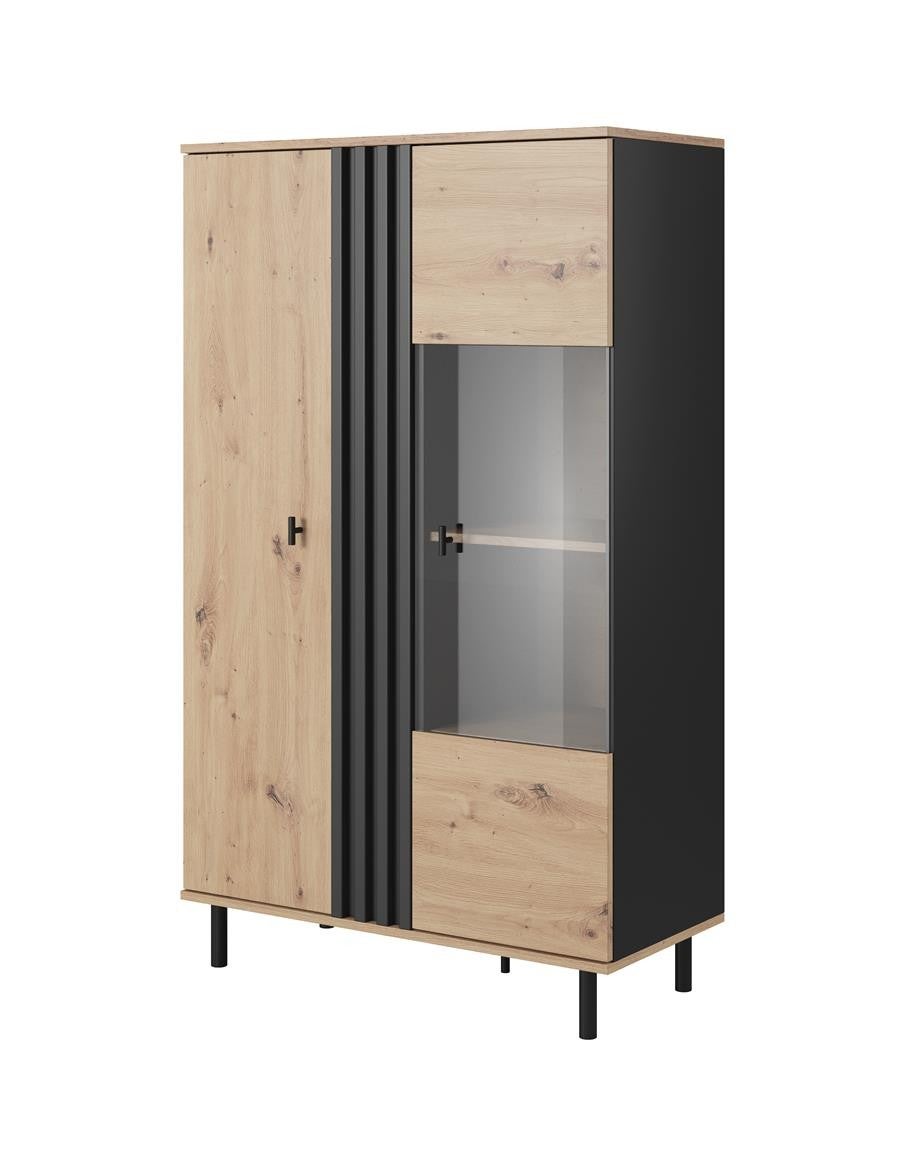 Stylowa witryna MADIS / Dąb artisan + czarny antracyt + LED – Nowoczesny design do salonu