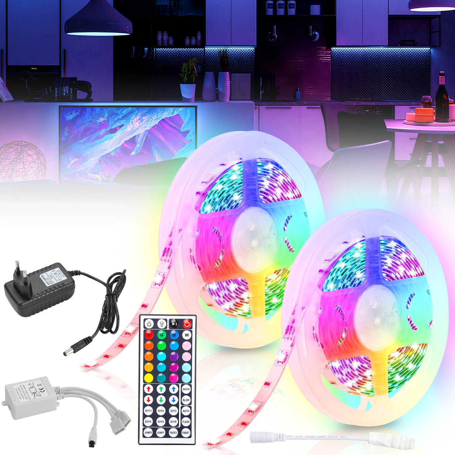Taśma LED 10M (5m x 2) 5050SMD RGB 300LED z pilotem 44-przyciskowym + zasilacz 12V do ścianki tylnej imprezowej