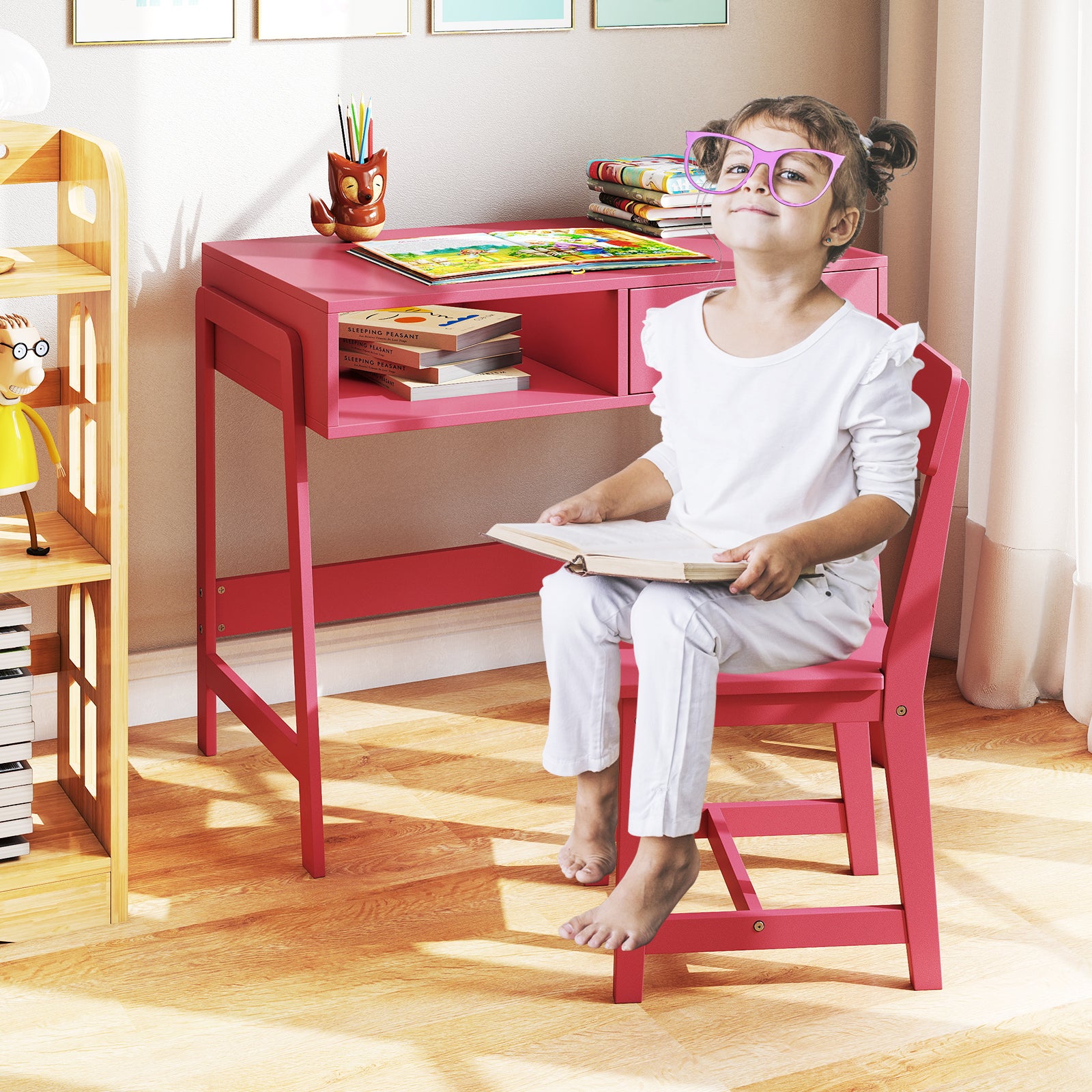 Biurko dla Dzieci Powyżej 3 Lat, Stolik dla Dzieci z Ergonomicznym Krzesłem, Biurko dla Dzieci z Sosny z Miejscem, Nośność 75/55 kg (Różowy) - 2