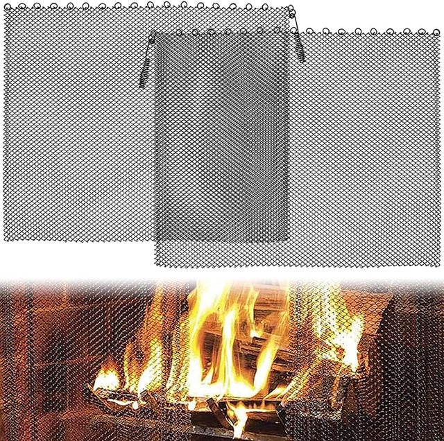 Paquet de 2 rideaux en maille de cheminée, chaîne coupe-feu à motif de défilement, pare-feu en métal (24 × 21 pouces)