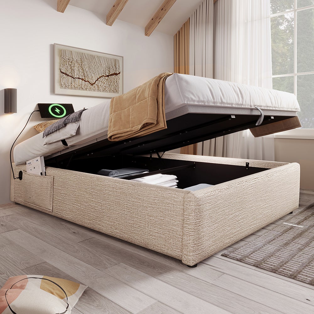 Lit 140×200 cm Lit coffre double rembourré avec USB- C sans tête de lit Naturel | Leroy Merlin