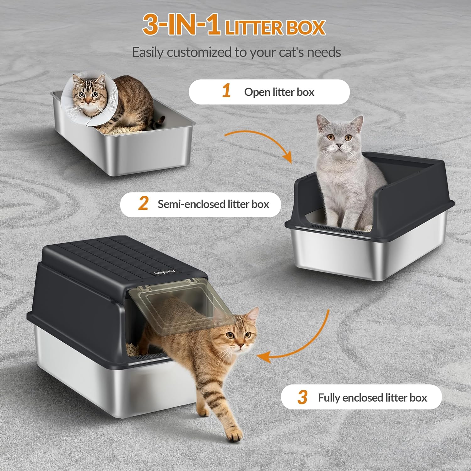 Caixa de areia para gatos em aço inoxidável com tampa, tabuleiro para areia para gatos, com pá e degrau, tampa articulada a 120°, preta. - 4