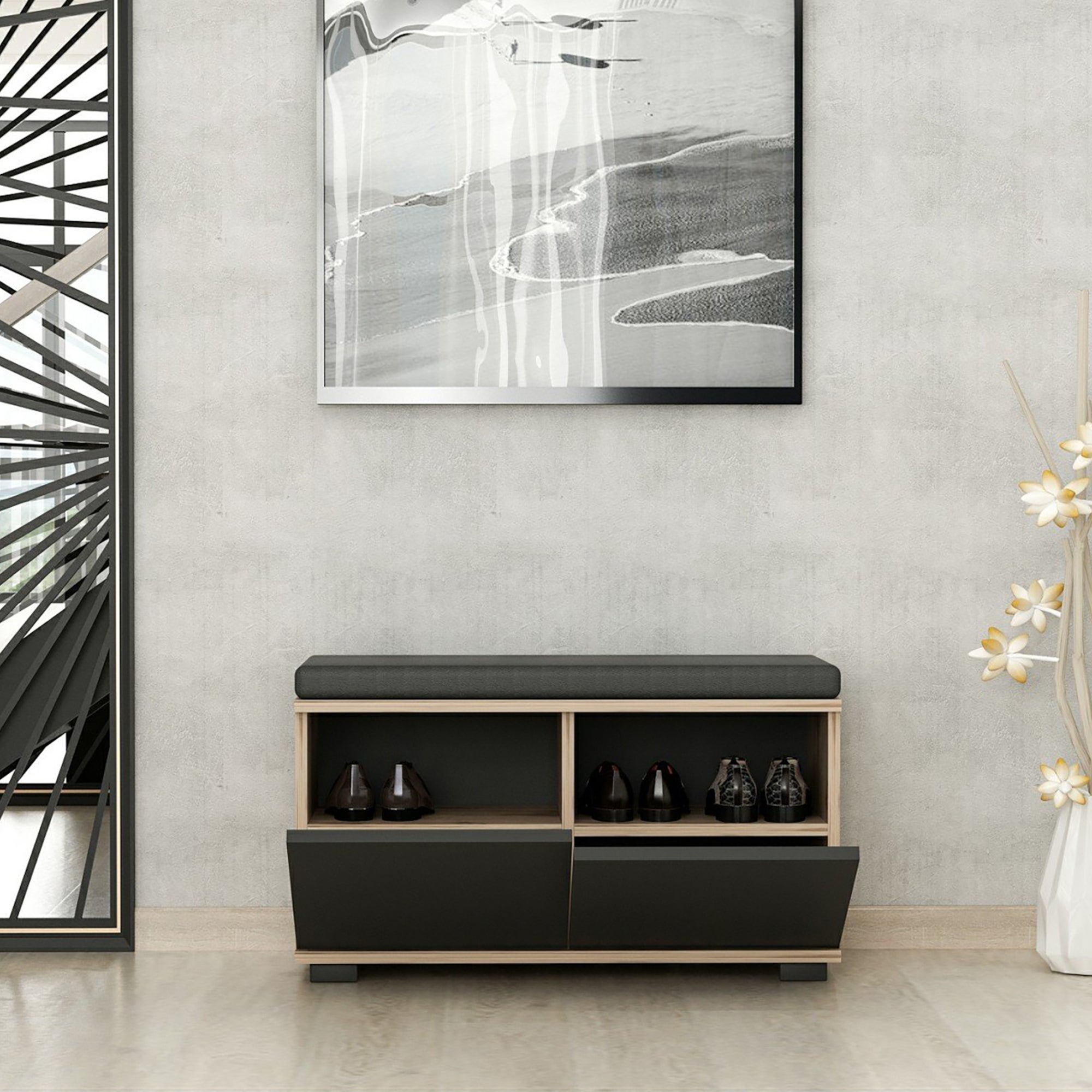 Banc à chaussures Brande avec 2 portes à 4 niveaux 42 x 80 x 35 cm effet chêne / noir [en.casa] - 6