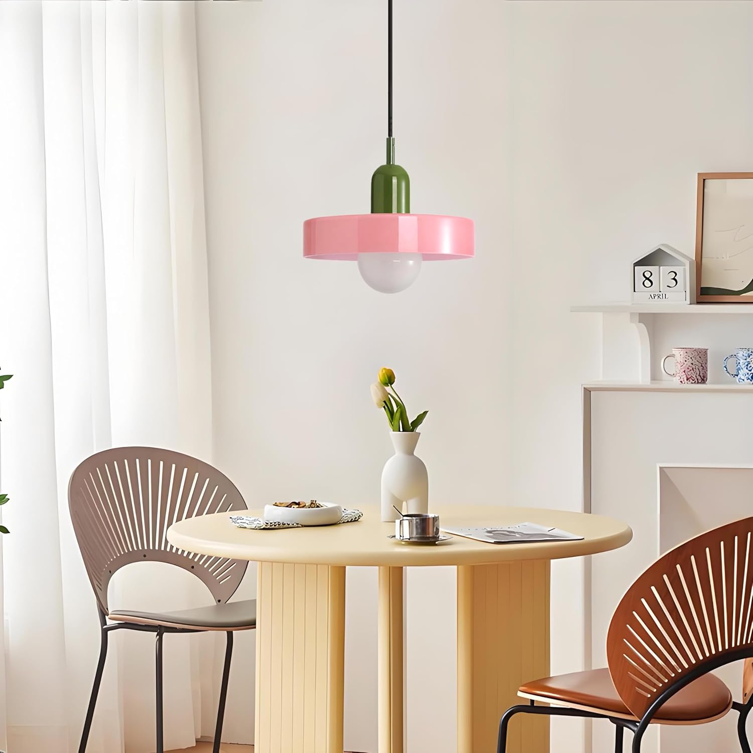 Lampe à suspension du milieu du siècle, plafonnier coloré avec abat-jour en verre, luminaire suspendu vintage en fer et verre,Chambre ou Café (Rose) - 2
