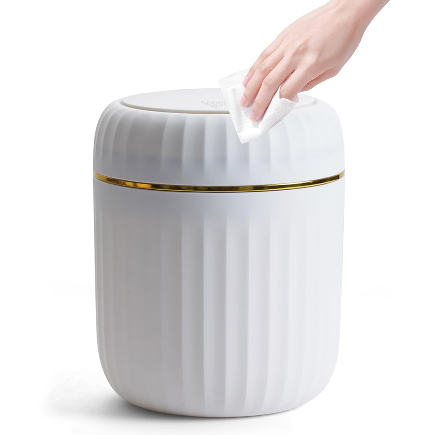 Kosz na śmieci stołowy z pokrywką z przyciskiem, 2-litrowy mini kosz na śmieci do łazienki, kosz na śmieci do biura, do salonu, biały (13×13×1)