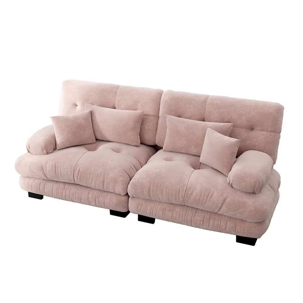 Canapé d'angle Cloud double chenille, 2 coussins lombaires + 2 décoratifs, structure bois, rose. - 3