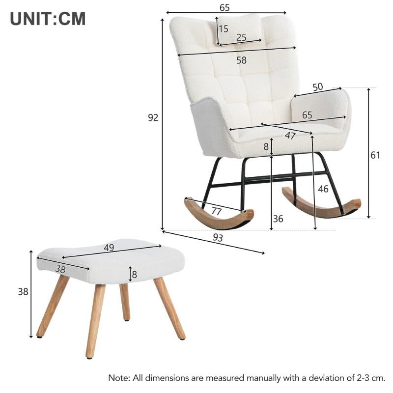 Fauteuil à bascule confortable blanc 93 cm avec repose-pieds, coussin lombaire, structure en bois de caoutchouc, fauteuil de relaxation - 6